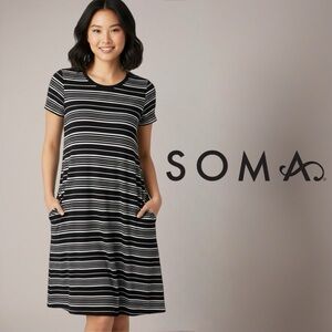 Soma Soft Jersey Black & White Stripe Swing Dress with Pockets